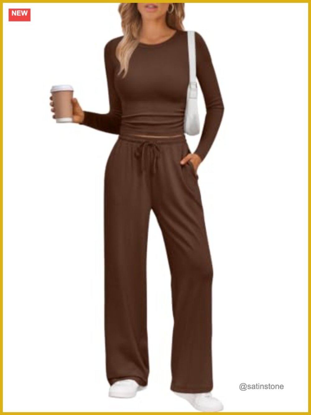 LILLUSORY 2 Piece Lounge Set Long Sleeve Top Wide Leg Pants Rayon Spandex